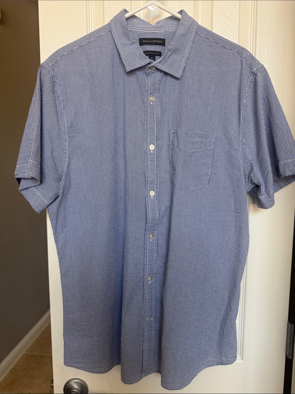 Banana Republic Men's Blue Micro-Check Short Sleeve Button-Down Shirt